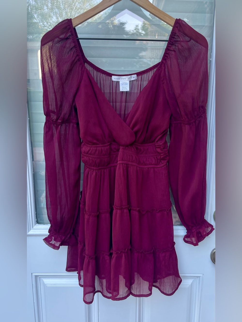 Altar'd State Plum Wrap-Front Tiered Mini Dress